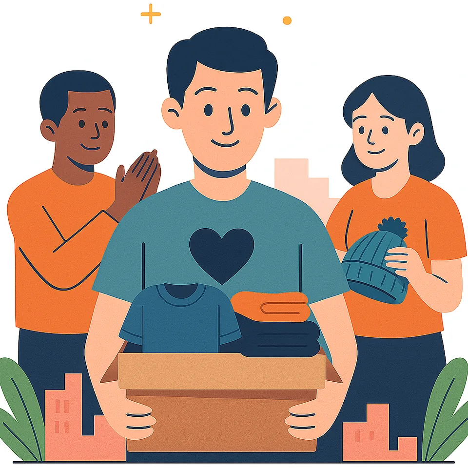 Illustration of neighbors sharing a box of donations