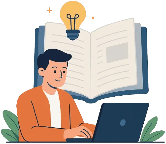 Illustration of a person building a business online from an open book of ideas